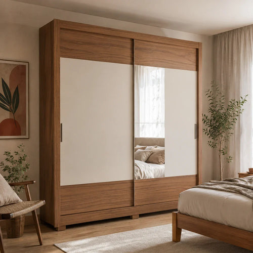 Guarda-Roupa Casal com Espelho 2 Portas de Correr 6 Gavetas Soho 240 cm - Canella c/ Off White