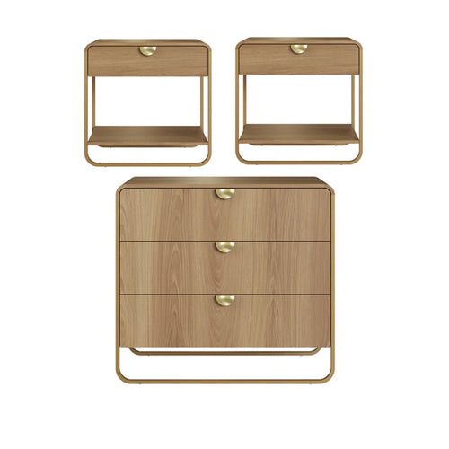Conjunto 2 Mesas de Cabeceira com 1 Gaveta e Cômoda Dunna - Mel c/ Dourado