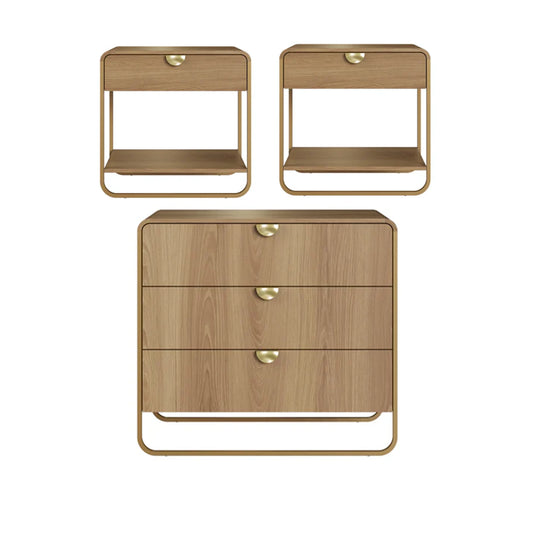 Conjunto 2 Mesas de Cabeceira com 1 Gaveta e Cômoda Dunna - Mel c/ Dourado