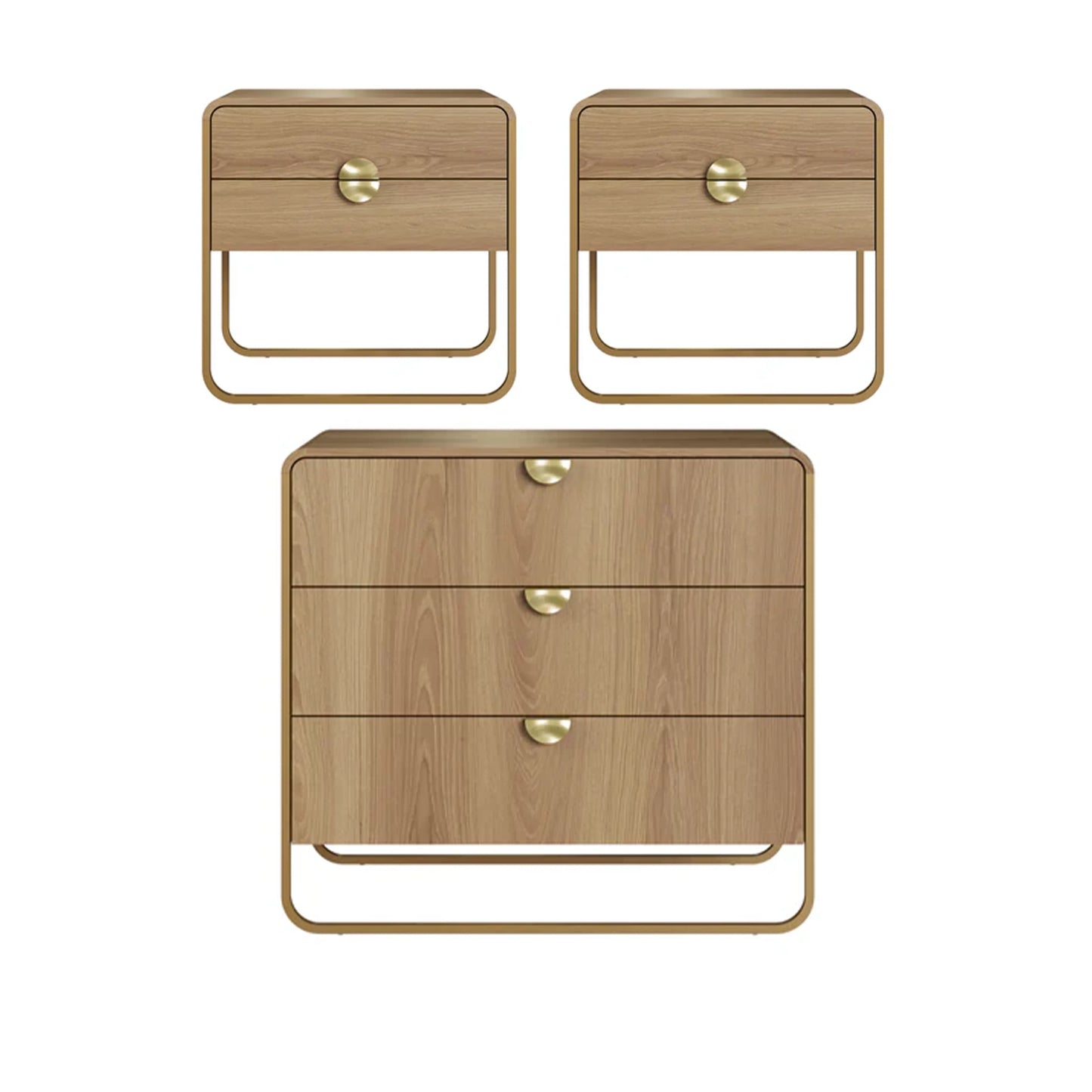 Conjunto 2 Mesas de Cabeceira com 2 Gavetas e Cômoda Dunna - Mel c/ Dourado