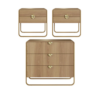 Conjunto 2 Mesas de Cabeceira com 2 Gavetas e Cômoda Dunna - Mel c/ Dourado