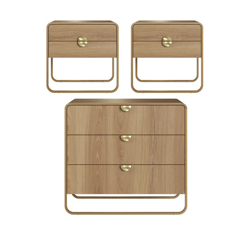 Conjunto 2 Mesas de Cabeceira com 2 Gavetas e Cômoda Dunna - Mel c/ Dourado
