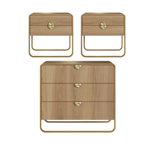 Conjunto 2 Mesas de Cabeceira com 2 Gavetas e Cômoda Dunna - Mel c/ Dourado