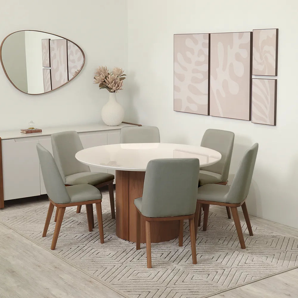Conjunto de Jantar Mesa Redonda com Vidro 6 Cadeiras Kalina - Canella c/ Carbono