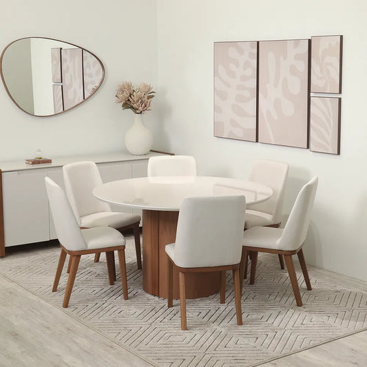 Conjunto de Jantar Mesa Redonda com Vidro 6 Cadeiras Kalina - Canella c/ Off White
