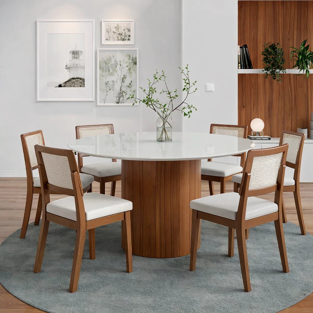 Conjunto de Jantar Mesa Redonda com Vidro Kalina 6 Cadeiras Saga - Canella c/ Cru