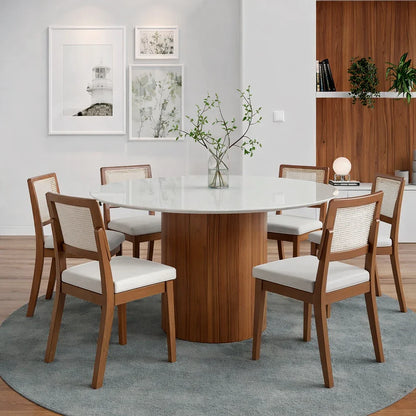 Conjunto de Jantar Mesa Redonda com Vidro Kalina 6 Cadeiras Saga - Canella c/ Cru