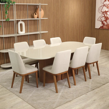 Conjunto de Jantar Mesa Retangular com Vidro 8 Cadeiras Kalina - Canella c/ Off White
