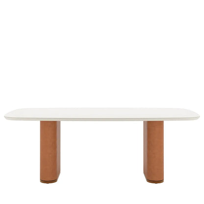 Mesa de Jantar Retangular c/ Vidro para 8 Lugares Lintz 219 cm - Off White Fosco c/ Canella - PU Caramelo