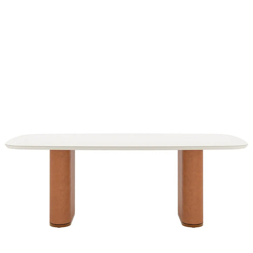 Mesa de Jantar Retangular c/ Vidro para 8 Lugares Lintz 219 cm - Off White Fosco c/ Canella - PU Caramelo