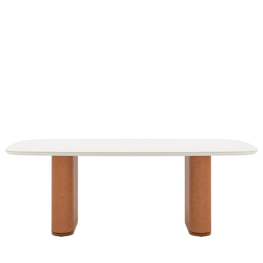 Mesa de Jantar Retangular c/ Vidro para 8 Lugares Lintz 219 cm - Off White Fosco c/ Canella - PU Caramelo