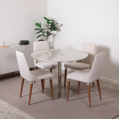 Conjunto de Jantar Mesa Redonda com Vidro Cloe 4 Cadeiras Lara - Champanhe c/ Off White