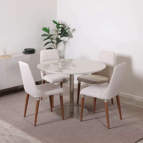 Conjunto de Jantar Mesa Redonda com Vidro Cloe 4 Cadeiras Lara - Champanhe c/ Off White