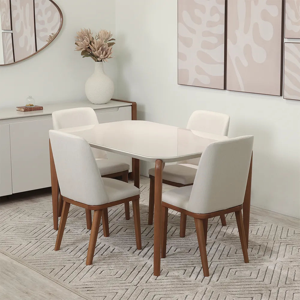 Conjunto de Jantar Mesa Retangular com Vidro Donatella 4 Cadeiras Kalina - Natural c/ Off White