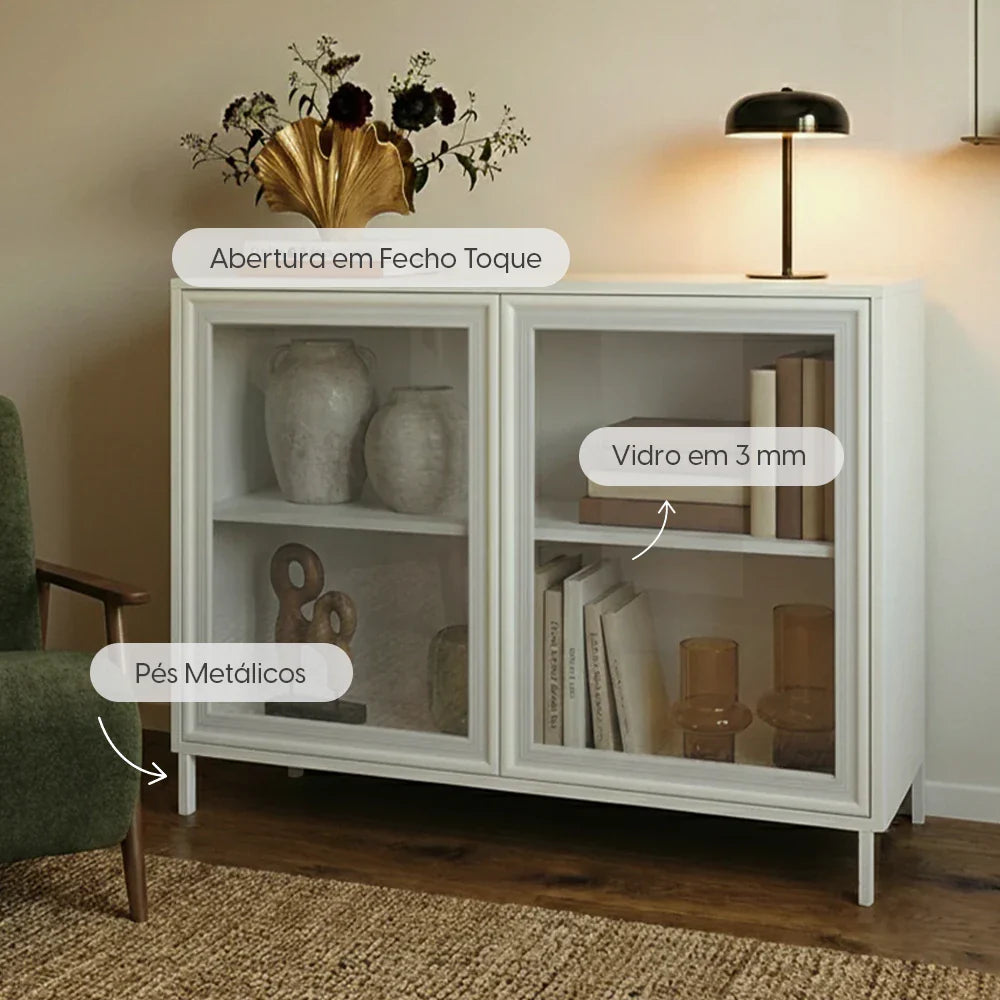 Buffet 2 Portas com Vidro Vitria 91 cm - Branco