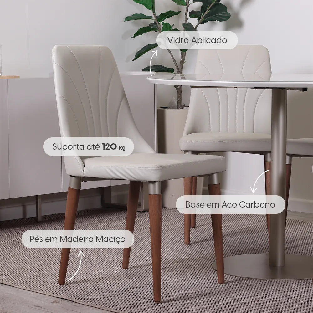 Conjunto de Jantar Mesa Redonda com Vidro Cloe 4 Cadeiras Lara
