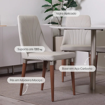 Conjunto de Jantar Mesa Redonda com Vidro Cloe 4 Cadeiras Lara