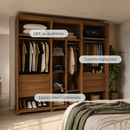 Guarda-Roupa Casal com Espelho 6 Portas 6 Gavetas 100% MDF Dayton 275 cm