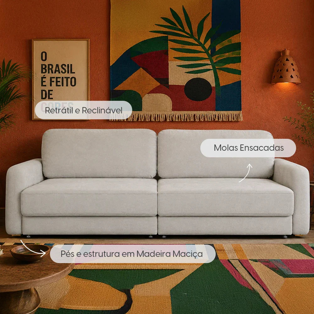 Sofá Cama Retrátil e Reclinável 4 Lugares Hudson 270 cm - Linho Texturizado Bege