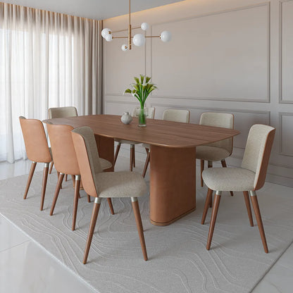 Conjunto de 2 Cadeiras Giratória de Madeira Maciça Estofada Dakota - Natural c/ Bouclé Cru e PU Off White - Champanhe