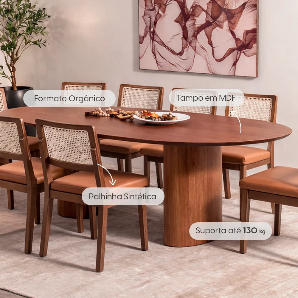 Conjunto de Jantar Mesa Orgânica Gaya 8 Cadeiras Saga - Natural c/ Caramelo