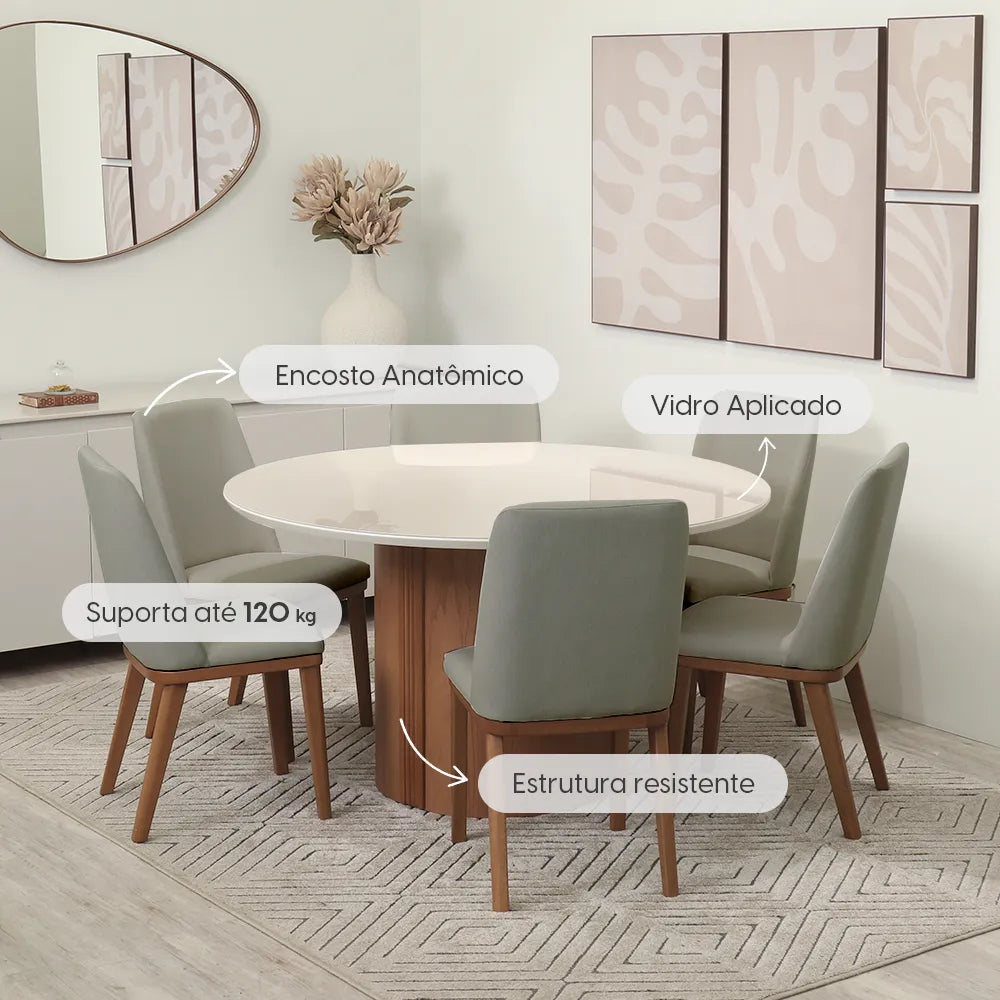 Conjunto de Jantar Mesa Redonda com Vidro 6 Cadeiras Kalina - Canella c/ Carbono