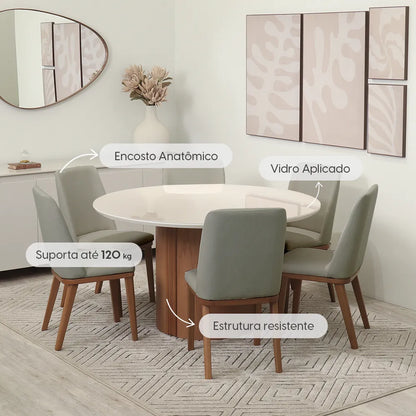 Conjunto de Jantar Mesa Redonda com Vidro 6 Cadeiras Kalina - Canella c/ Carbono