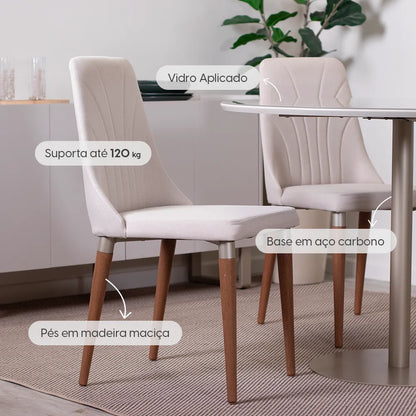Conjunto de Jantar Mesa Redonda com Vidro Cloe 4 Cadeiras Lara - Champanhe c/ Off White