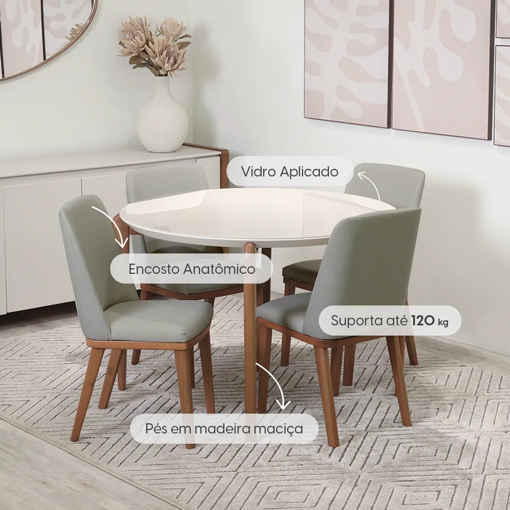 Conjunto de Jantar Mesa Redonda com Vidro Donatella 4 Cadeiras Kalina - Natural c/ Carbono