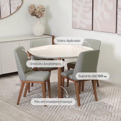 Conjunto de Jantar Mesa Redonda com Vidro Donatella 4 Cadeiras Kalina - Natural c/ Carbono
