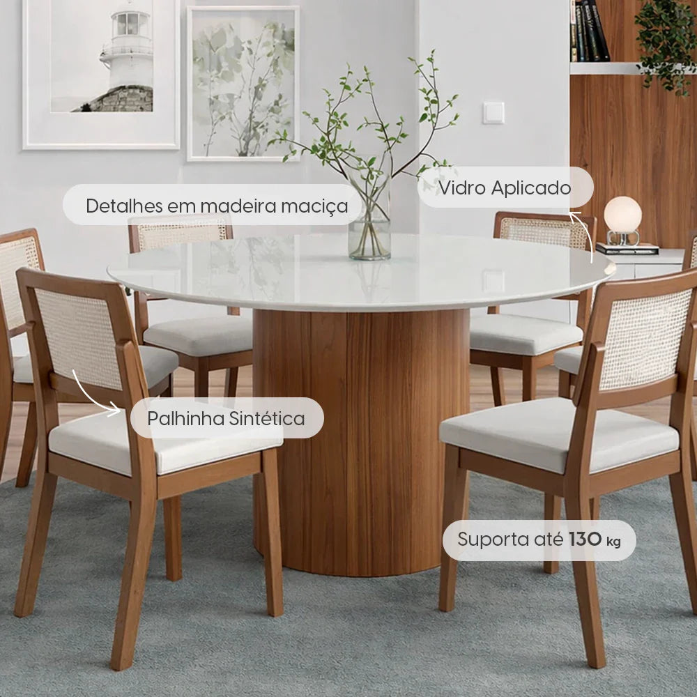 Conjunto de Jantar Mesa Redonda com Vidro Kalina 6 Cadeiras Saga - Canella c/ Cru