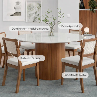 Conjunto de Jantar Mesa Redonda com Vidro Kalina 6 Cadeiras Saga - Canella c/ Cru