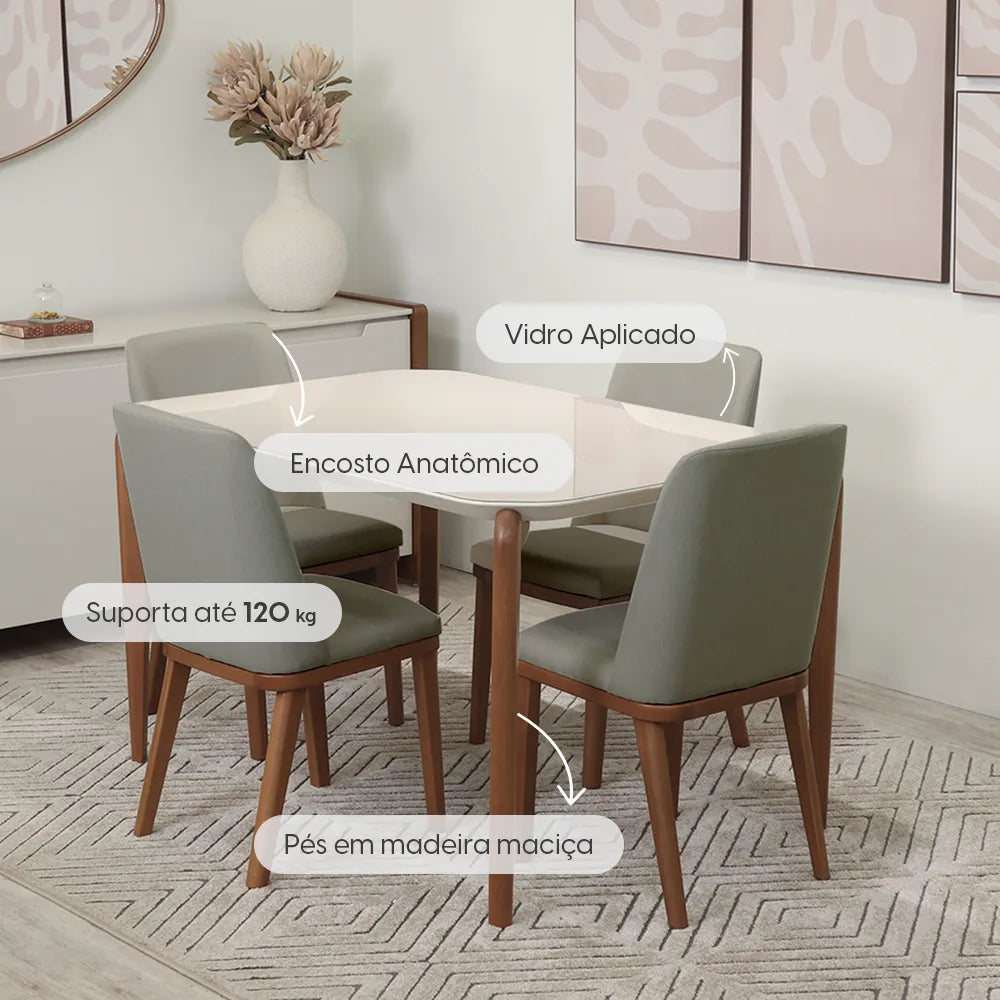 Conjunto de Jantar Mesa Retangular com Vidro Donatella 4 Cadeiras Kalina - Natural c/ Carbono