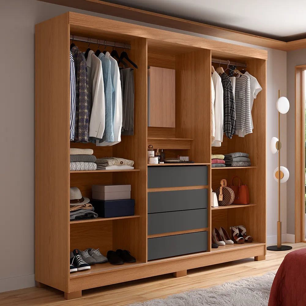 Guarda-Roupa Casal com Espelho 2 Portas de Correr 4 Gavetas Finley 184 cm