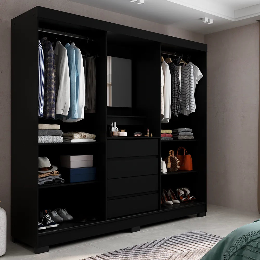 Guarda-Roupa Casal com Espelho 2 Portas de Correr 4 Gavetas Finley 184 cm