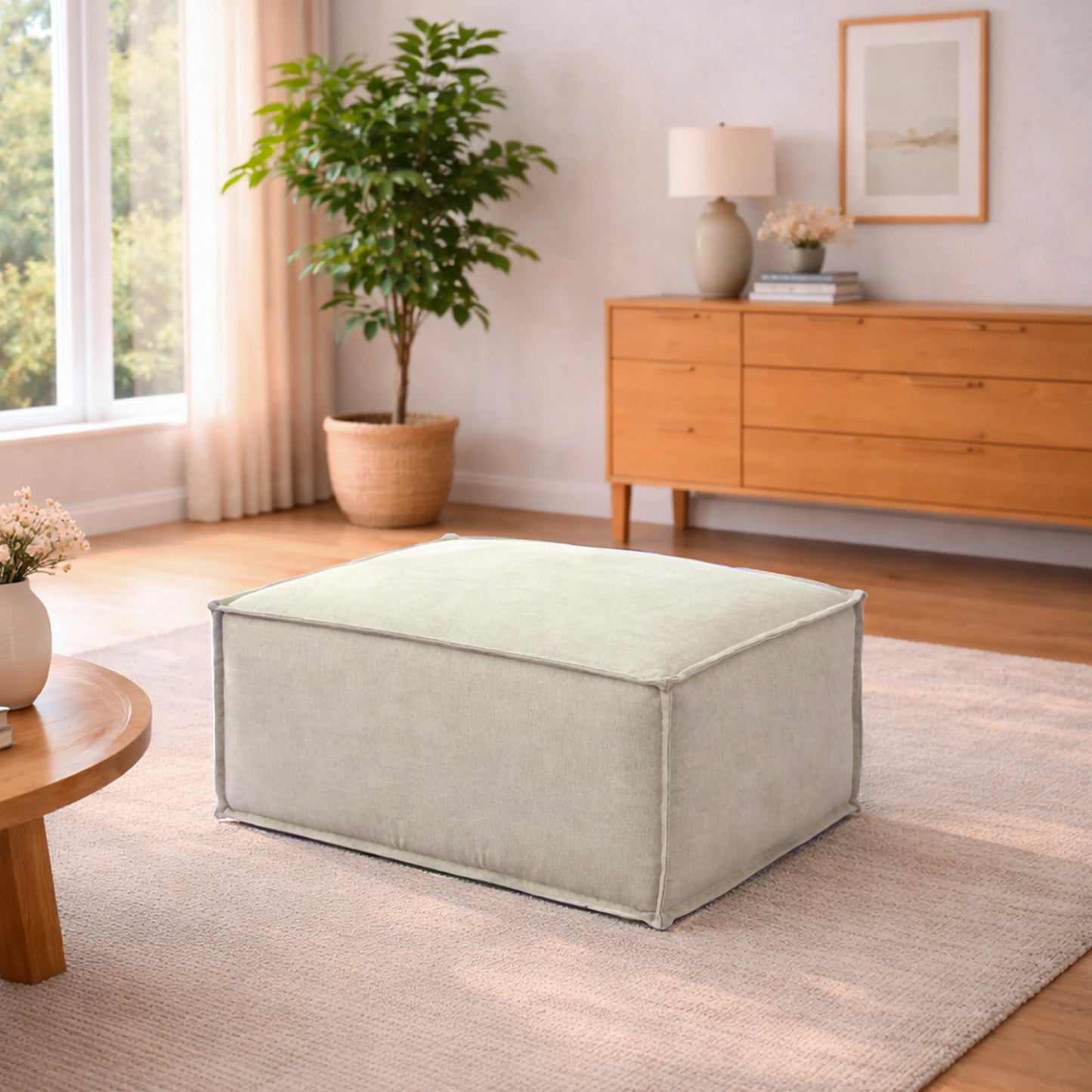 Puff Modular Estofado Freddo 80 cm - Linho Texturizado Bege