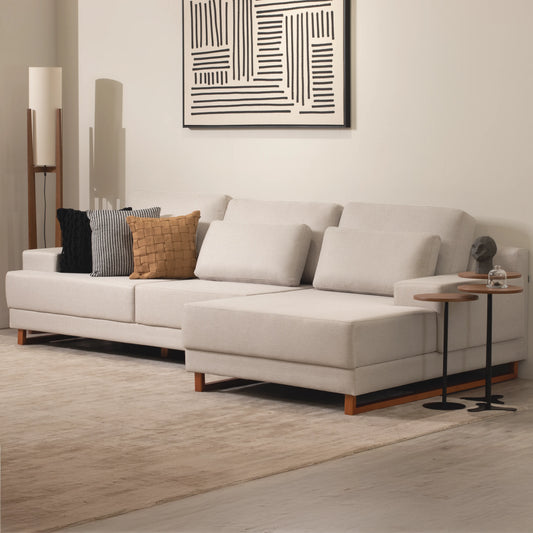 Sofá 6 Lugares com Chaise Lado Direito Mônaco 300 cm - Linho Texturizado Bege c/ Natural