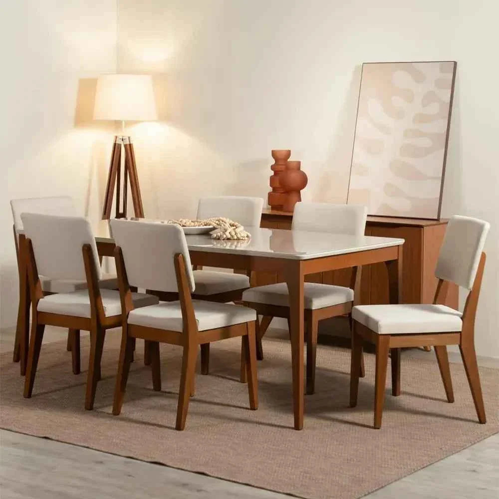 Conjunto de 2 Cadeiras de Madeira Maciça Estofada Ella - Natural c/ Linho Off White