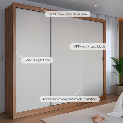 Guarda-Roupa Casal 3 Portas de Correr 8 Gavetas Montclair 275 cm - Canella c/ Off White Fosco