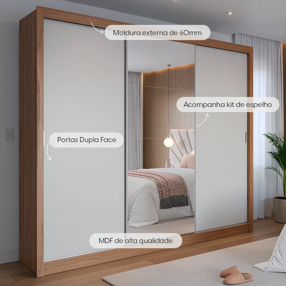 Guarda-Roupa Casal com Espelho 3 Portas de Correr 8 Gavetas Montclair 275 cm - Canella c/ Off White Fosco