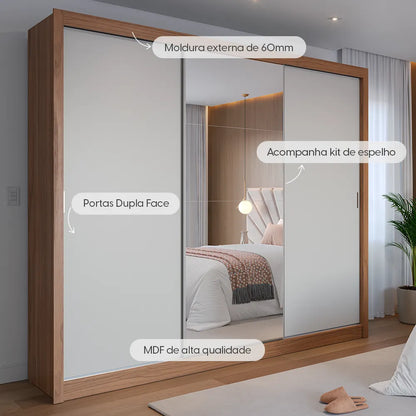 Guarda-Roupa Casal com Espelho 3 Portas de Correr 8 Gavetas Montclair 275 cm - Canella c/ Off White Fosco