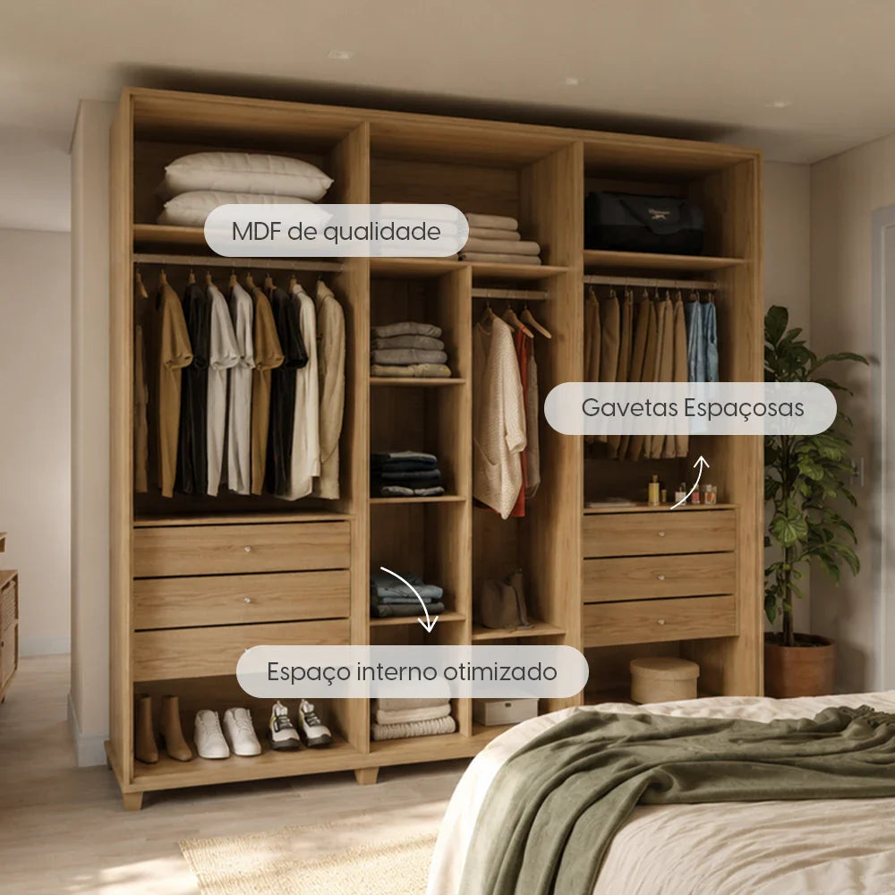Guarda-Roupa Casal com Espelho 6 Portas 6 Gavetas 100% MDF Dayton 275 cm