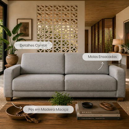 Sofá 4 Lugares Capri 230cm - Linho Texturizado Cinza c/ Natural
