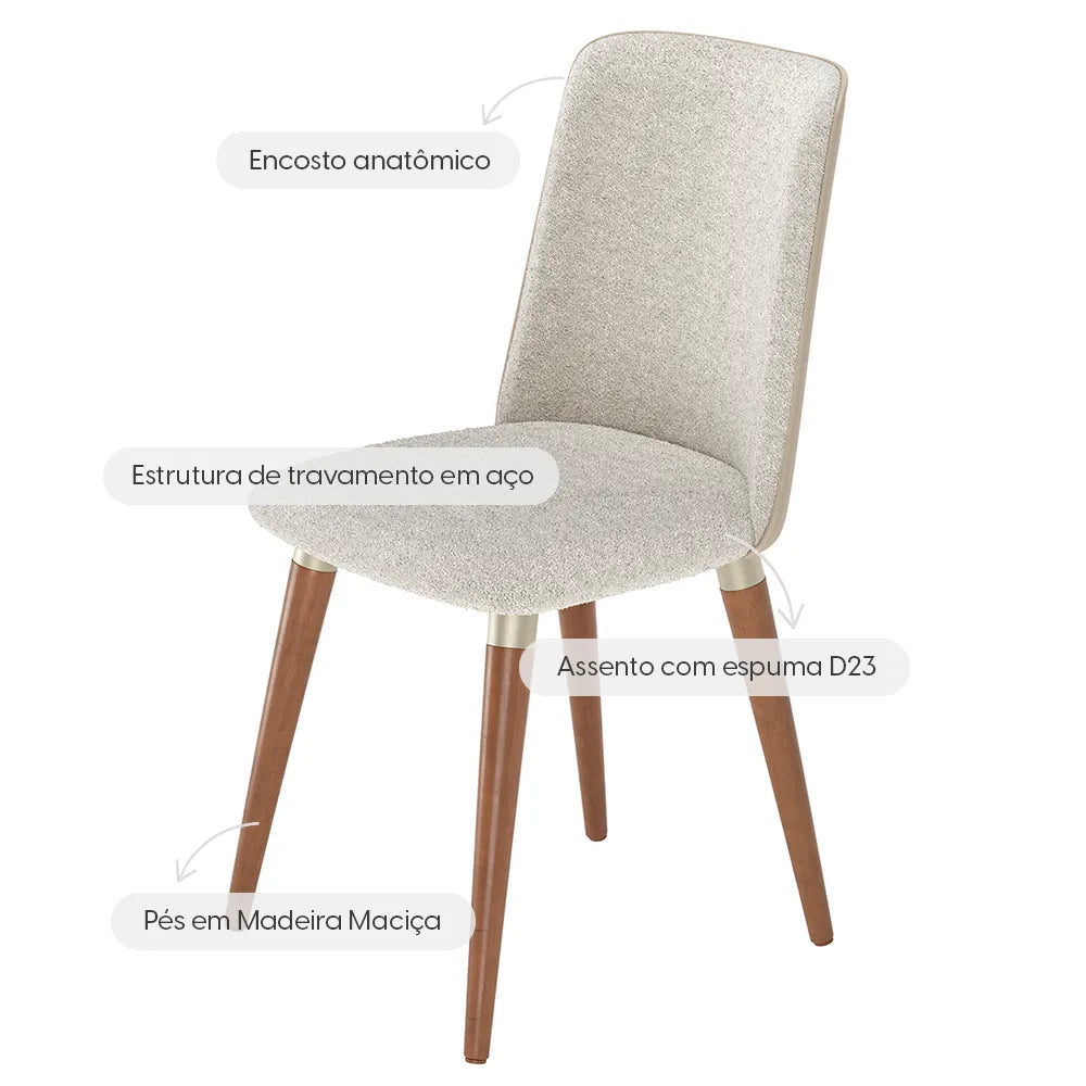 Conjunto de 2 Cadeiras de Madeira Maciça Estofada Dakota - Natural c/ Bouclé Cru e PU Off White - Champanhe