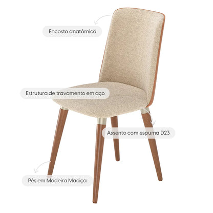 Conjunto de 2 Cadeiras de Madeira Maciça Estofada Dakota - Natural c/ Bouclé Fendi e PU Caramelo - Champanhe
