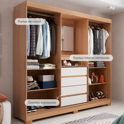 Guarda-Roupa Casal com Espelho 2 Portas de Correr 4 Gavetas Finley 184 cm - Carvalho c/ Off White
