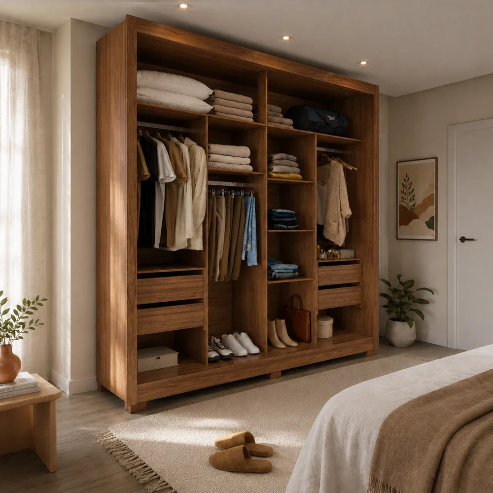 Guarda-Roupa Casal com Espelho 2 Portas de Correr 6 Gavetas Soho 240 cm - Canella c/ Off White