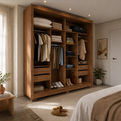 Guarda-Roupa Casal com Espelho 2 Portas de Correr 6 Gavetas Soho 240 cm - Canella c/ Off White