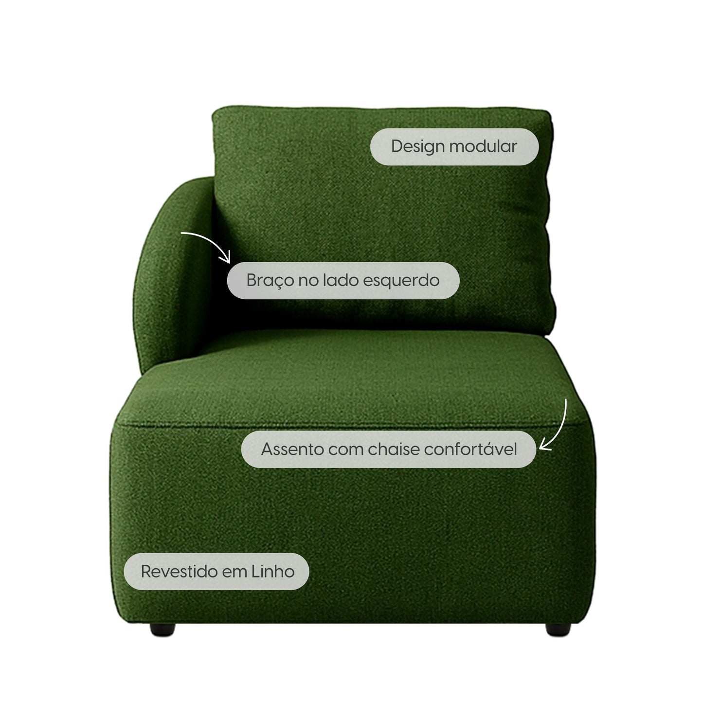 Módulo Sofá com Chaise e Braço Esquerdo 1 Lugar Mood 97 cm - Linho Trama Verde