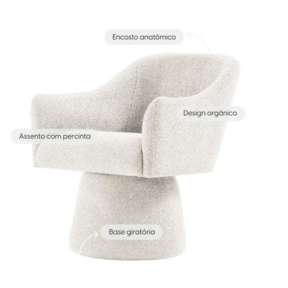 Poltrona Giratória Estofada Phylo - Linho Texturizado Off White